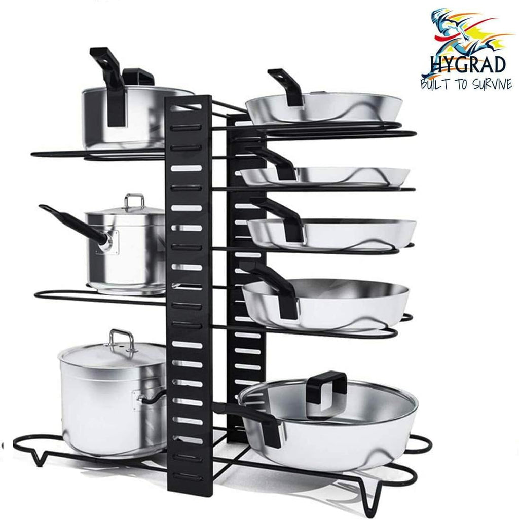 HYGRAD BUILT TO SURVIVE 8 Tier Adjustable Cabinet Organiser Pots & Pans Dishes Stand Storage Inside Cabinet With 3 Diy Methods Pot Lid Holders & Pan Rack For Kitchen