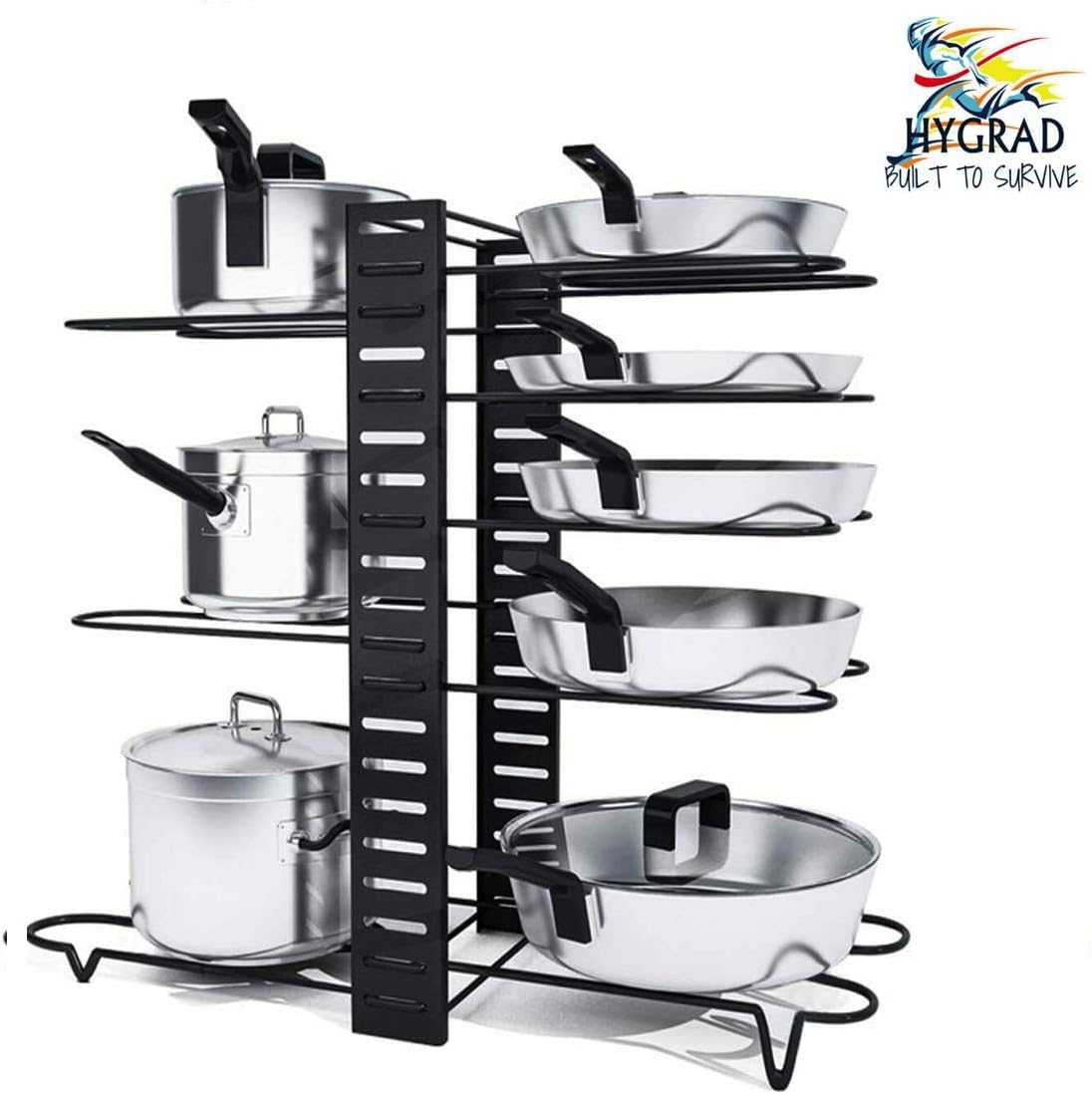 HYGRAD BUILT TO SURVIVE 8 Tier Adjustable Cabinet Organiser Pots & Pans Dishes Stand Storage Inside Cabinet With 3 Diy Methods Pot Lid Holders & Pan Rack For Kitchen