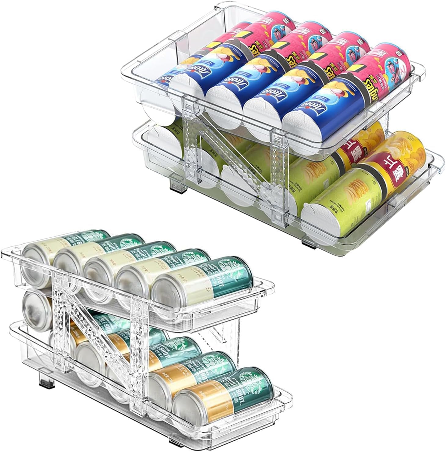 HYGRAD BUILT TO SURVIVE Clear Expandable Soda Can Organizer For Pantry, 13.77” D x 9. 37” W x 6.41” H Stackable Beverage Pop Can Holder Dispenser For Refrigerator, Kitchen Storage Holds 10 Cans