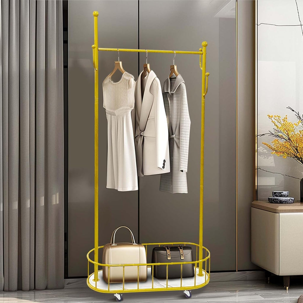 HYGRAD BUILT TO SURVIVE Space Saving Gold Metal Closet Organizer Shelves With Wheels - 67.32”H X 12.80”D X 31.50”W Clothing Rack For Coat, Clothes Hangers With Storage Shelf