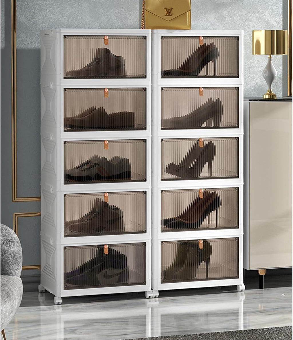 HYGRAD BUILT TO SURVIVE Foldable White Plastic Shoe Rack 2/3/4/5/6 Tier Stackable Storage Cabinet Box - Rolling Closet Storage Organizer Containers With Lids & Lockable Wheels For Home