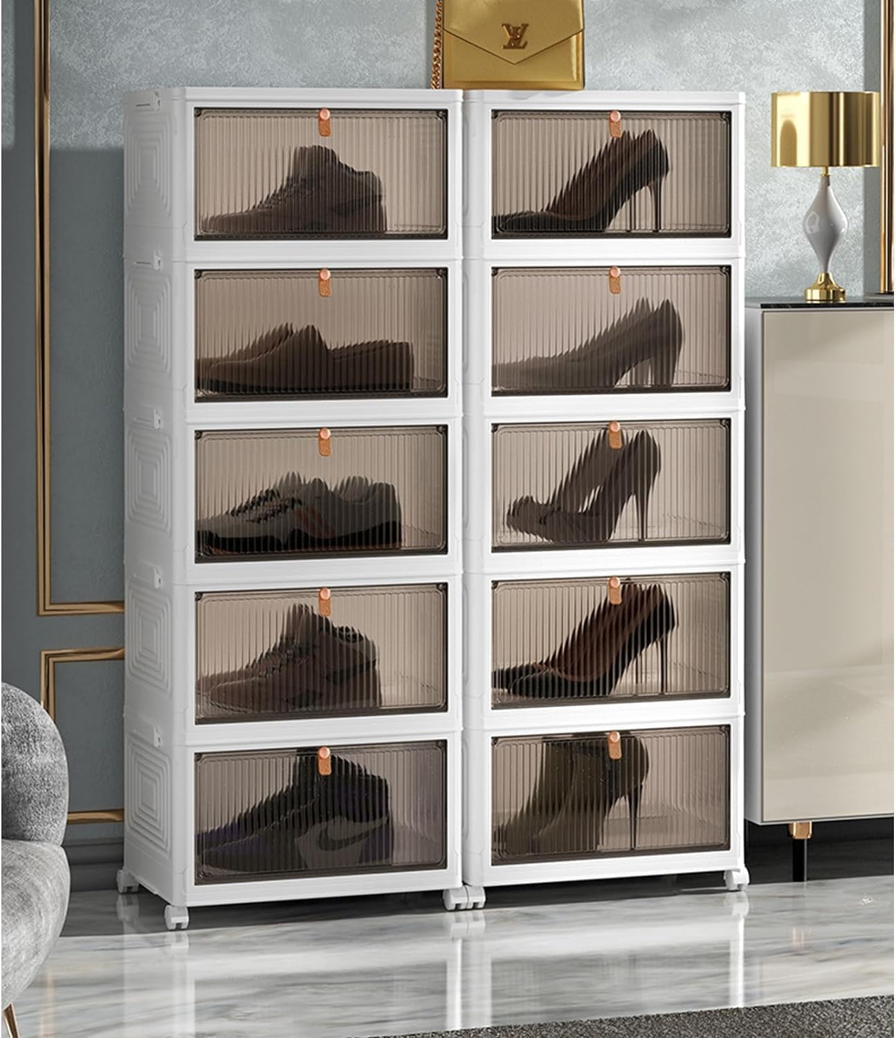 HYGRAD BUILT TO SURVIVE Foldable White Plastic Shoe Rack 2/3/4/5/6 Tier Stackable Storage Cabinet Box - Rolling Closet Storage Organizer Containers With Lids & Lockable Wheels For Home