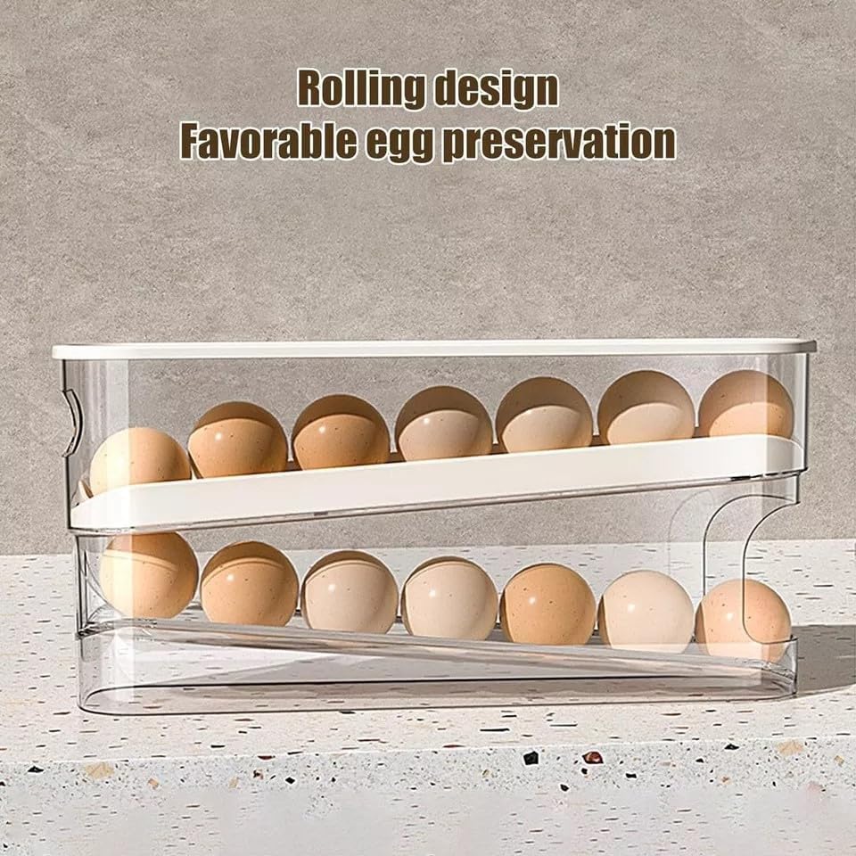 Automatic Rolling 2 Tier Eggs Holder 11.92”D X 3.34” W X 5.59” H Stackable Fridge Organisers, Clear Plastic Egg Dispenser With Lid Egg Storage For Refrigerator, & Kitchen Countertop