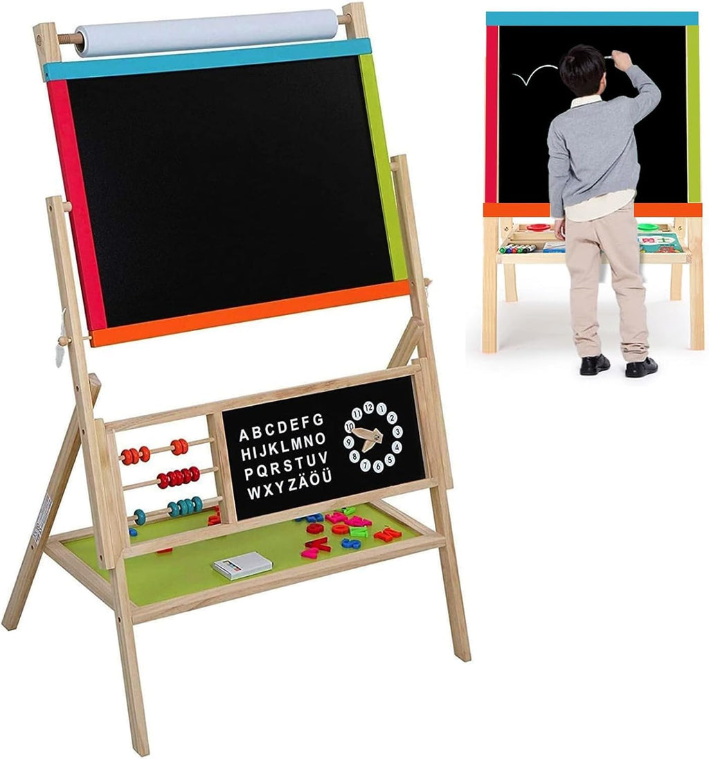 Kids Art Easel with Paper Roll, Magnetic Wooden Board Easel for Toddlers, Foldable Clock, Alphabet Painting Easel for 2-12 Years Children, 2 in 1 Double Side Drawing Outdoor Easel