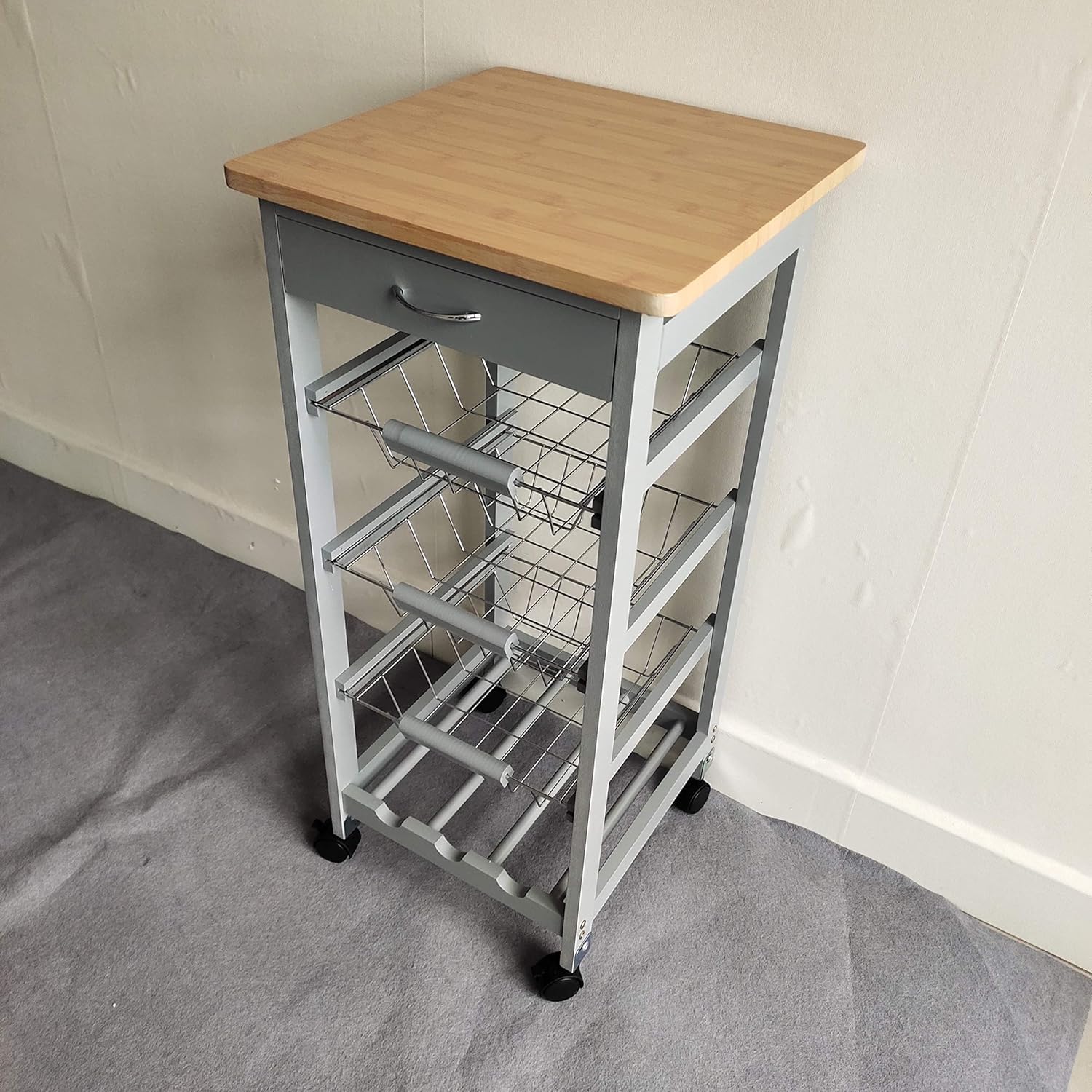 HYGRAD BUILT TO SURVIVE 3 Tier Wooden Rolling Kitchen Island Trolley, Utility Storage Cart with 3 Basket, Drawers - 1 Wine Rack with Wheels Cabinet for Home, Dining Room, Bar