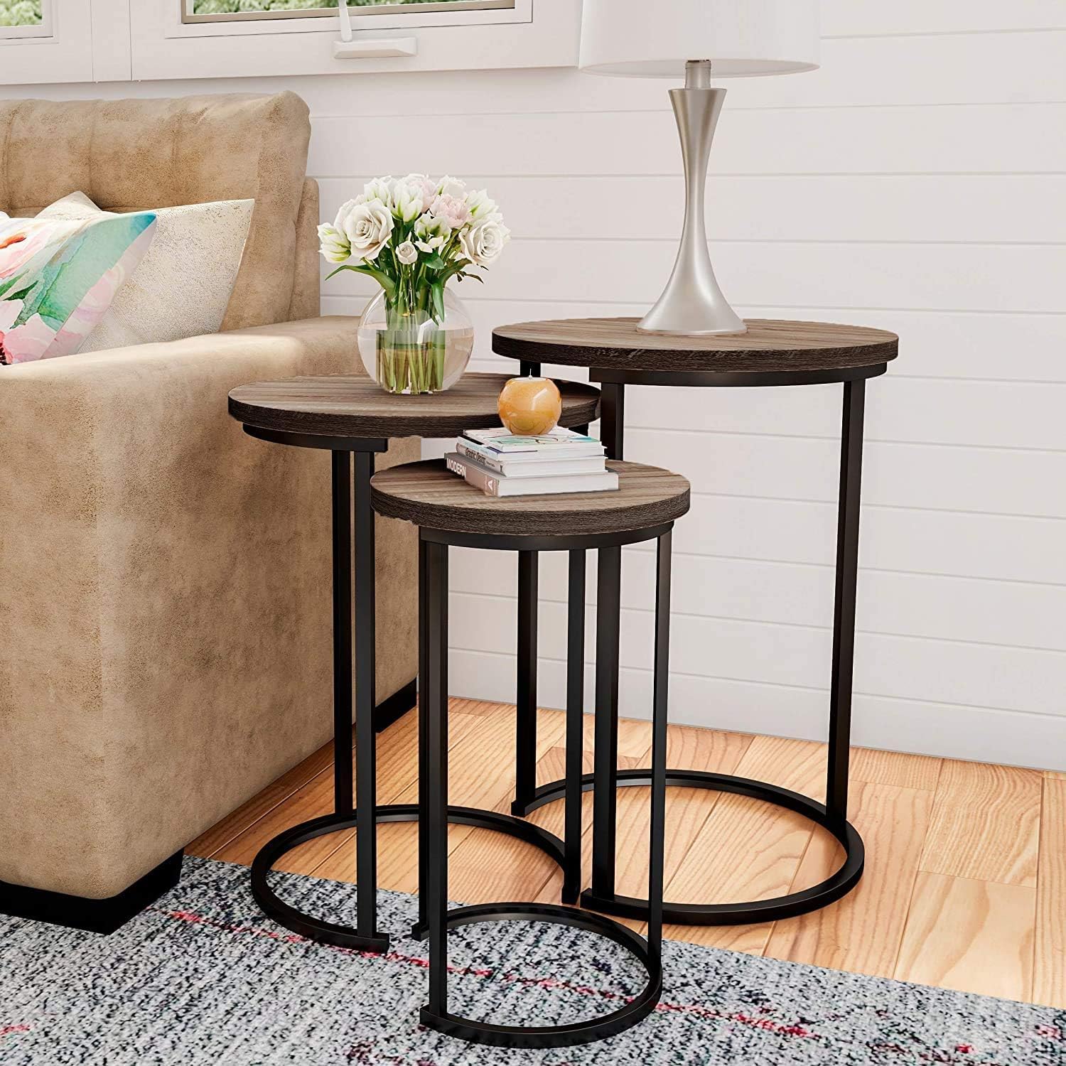 HYGRAD BUILT TO SURVIVE Set of 3 Round Wooden/Steel Nesting Side Stacking Sofa Side Coffee Tables, Small Space Coffee Tea Table for Hallway Living Room Bedroom, Home, Office