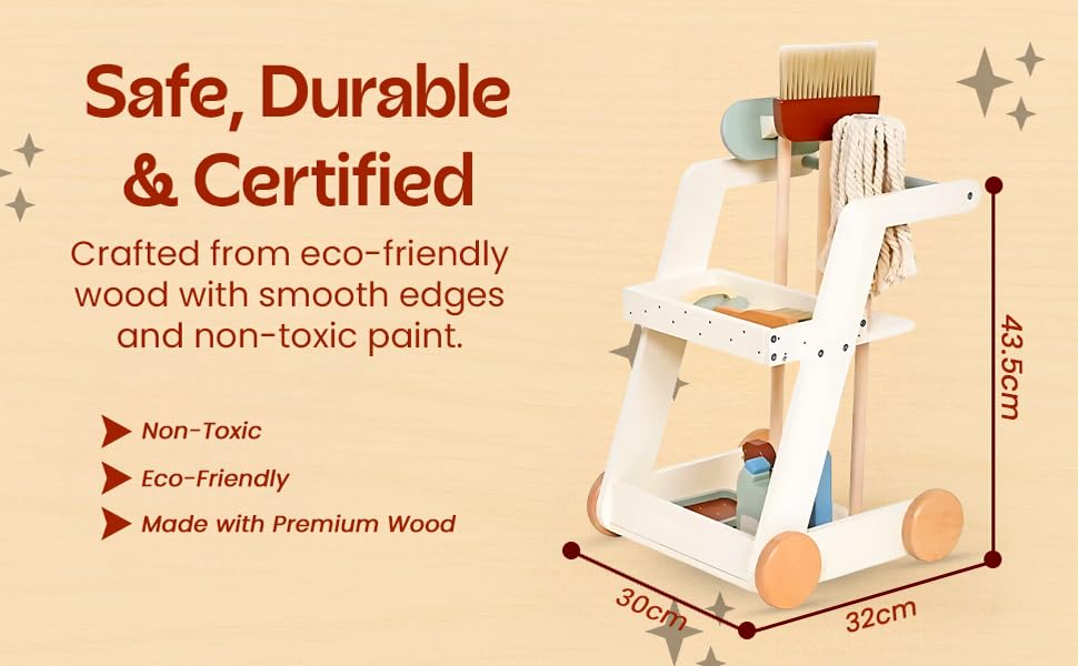Children's Cleaning Cart Trolley - Kids Wooden Pretend Play Set Toy Cart Kids Role Play Janitor Cleaning Broom Set Household Pretend Play Childrens Toy Gift Ages 3+