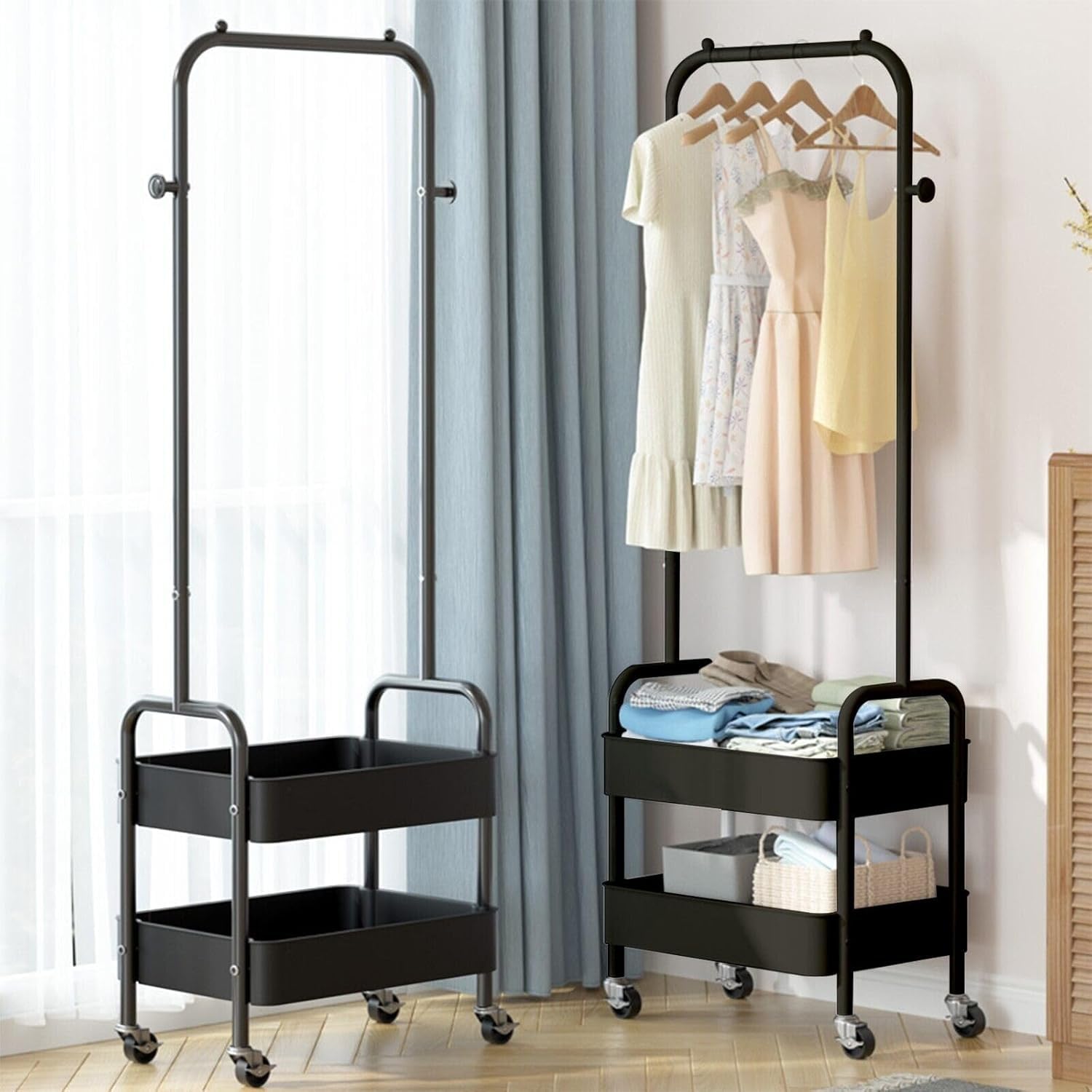 HYGRAD BUILT TO SURVIVE Heavy Duty Metal Clothes Rack On Wheels, Portable Rack For Hanging Clothes With Shoe Storage, Freestanding Closet Organizer Shelves For Garment Hanging Hat, Coats