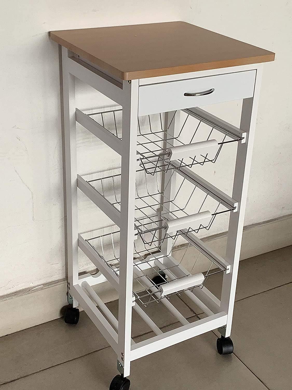 HYGRAD BUILT TO SURVIVE 3 Tier Wooden Rolling Kitchen Island Trolley, Utility Storage Cart with 3 Basket, Drawers - 1 Wine Rack with Wheels Cabinet for Home, Dining Room, Bar