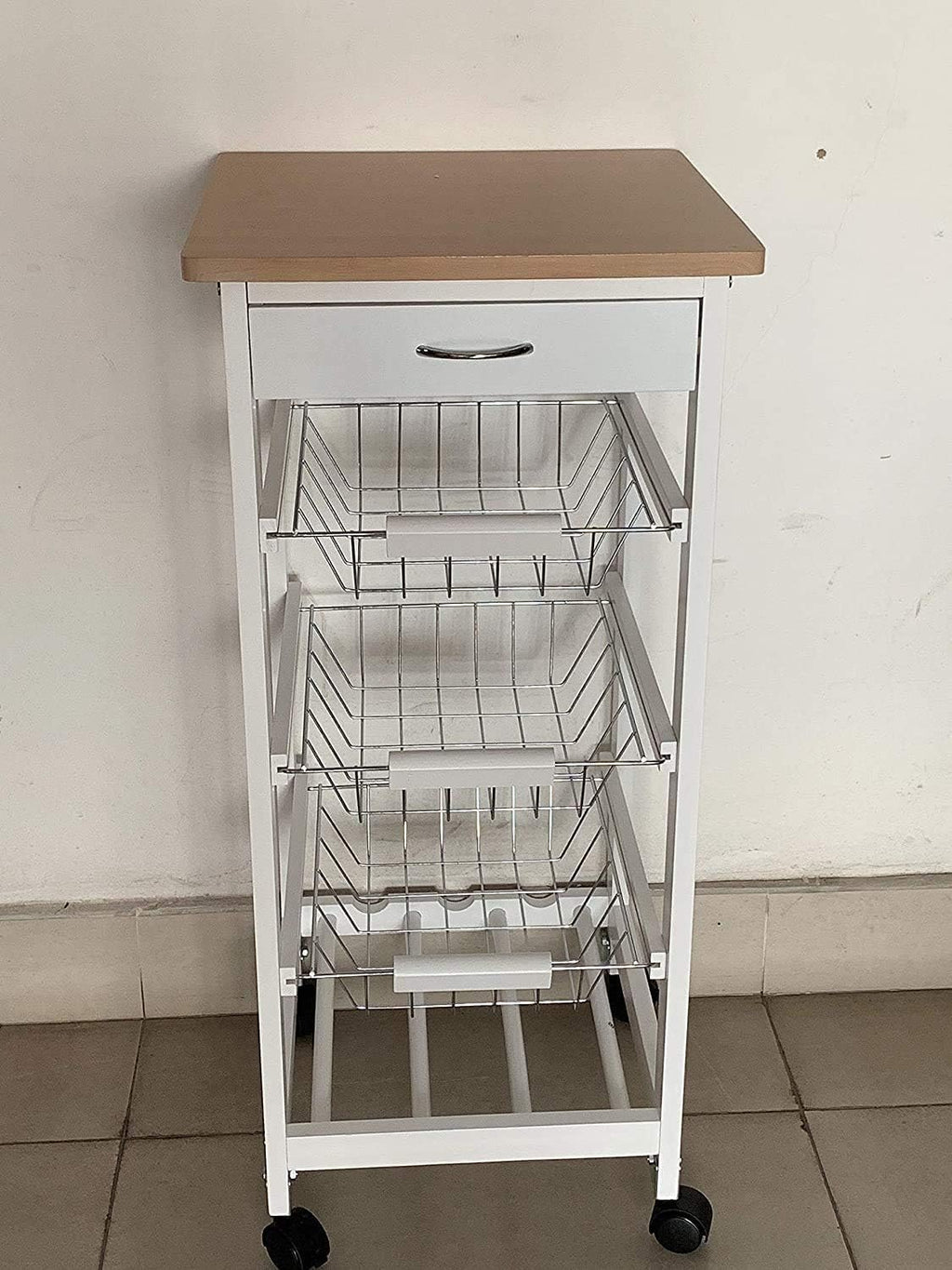 HYGRAD BUILT TO SURVIVE 3 Tier Wooden Rolling Kitchen Island Trolley, Utility Storage Cart with 3 Basket, Drawers - 1 Wine Rack with Wheels Cabinet for Home, Dining Room, Bar