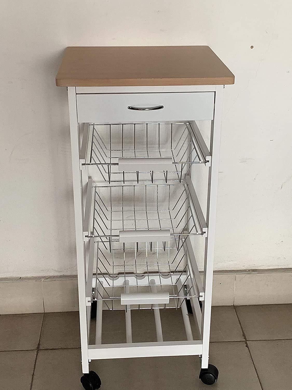 HYGRAD BUILT TO SURVIVE 3 Tier Wooden Rolling Kitchen Island Trolley, Utility Storage Cart with 3 Basket, Drawers - 1 Wine Rack with Wheels Cabinet for Home, Dining Room, Bar