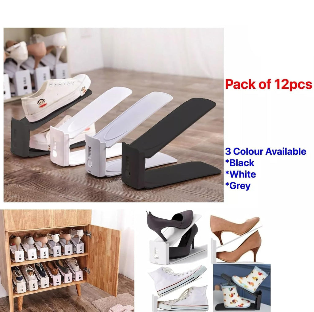 HYGRAD BUILT TO SURVIVE Pack Of 12 Pcs Shoe Slots Organiser Storage, Double Layer Adjustable 3-Level Height - Non-Slip Shoe Holder- Space Saver For Shoe Stacker Closet Rack For Women And Men