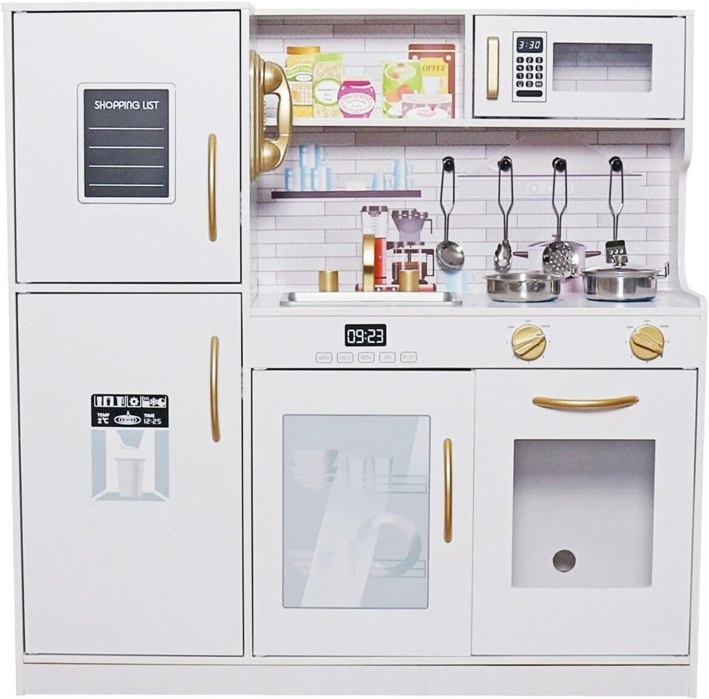 Kids Kitchen Playset, Wooden Pretend Play Kitchen with Chalkboard, Microwave, Dishwasher, Sink, Cookware Accessories, Play Kitchen for Kids Ages 3+