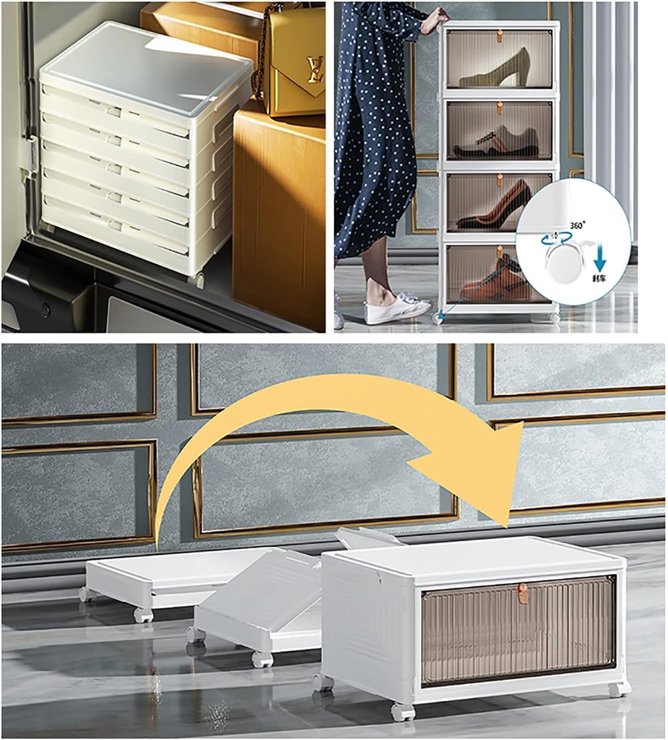 HYGRAD BUILT TO SURVIVE Foldable White Plastic Shoe Rack 2/3/4/5/6 Tier Stackable Storage Cabinet Box - Rolling Closet Storage Organizer Containers With Lids & Lockable Wheels For Home