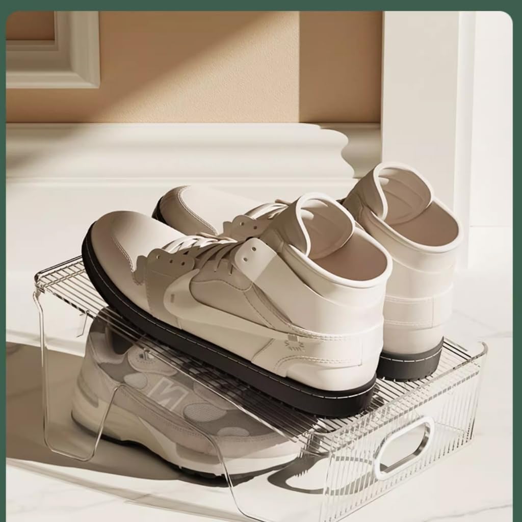 HYGRAD BUILT TO SURVIVE Double Layer Shoe Slots Organizer 9.84” X 9.05” X 5”In Stacker Space-Saving Storage Holder - Transparent Plastic Shoe Rack For Closet Shelf