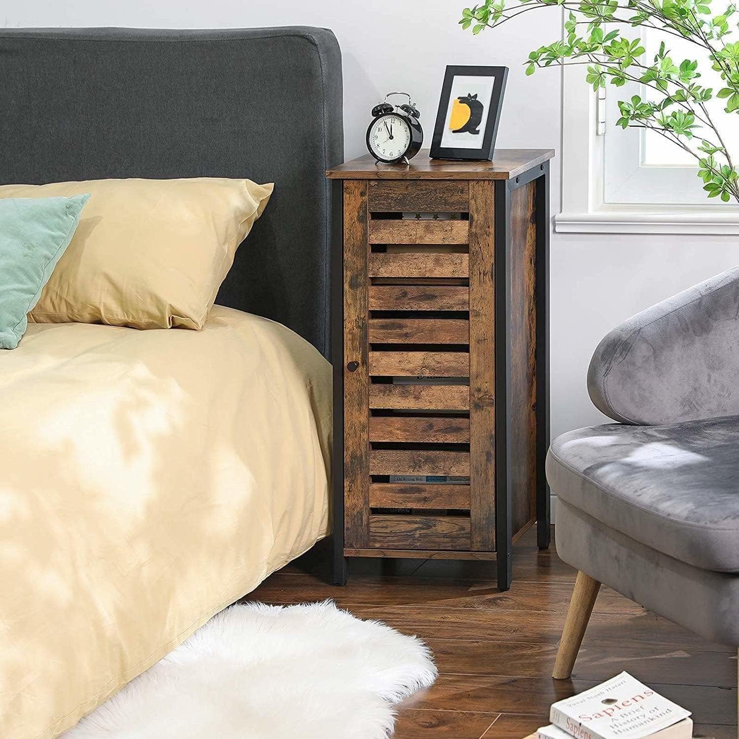 HYGRAD BUILT TO SURVIVE Industrial Style Wood/Steel Nightstand Bedside - End Table with Door Book Shelf Storage Cabinet for Home Bedroom Living Room, Entryway, Rustic Brown