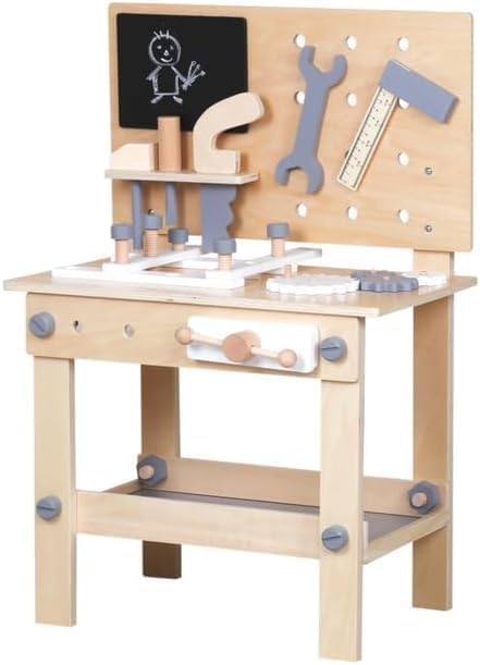 Wooden Toy Workbench, Large Kid's Wooden Play Tool, Pretend Play Creative Building Set, Construction Workshop Tool Bench Toys, Gift for Girls & Boys, 3+