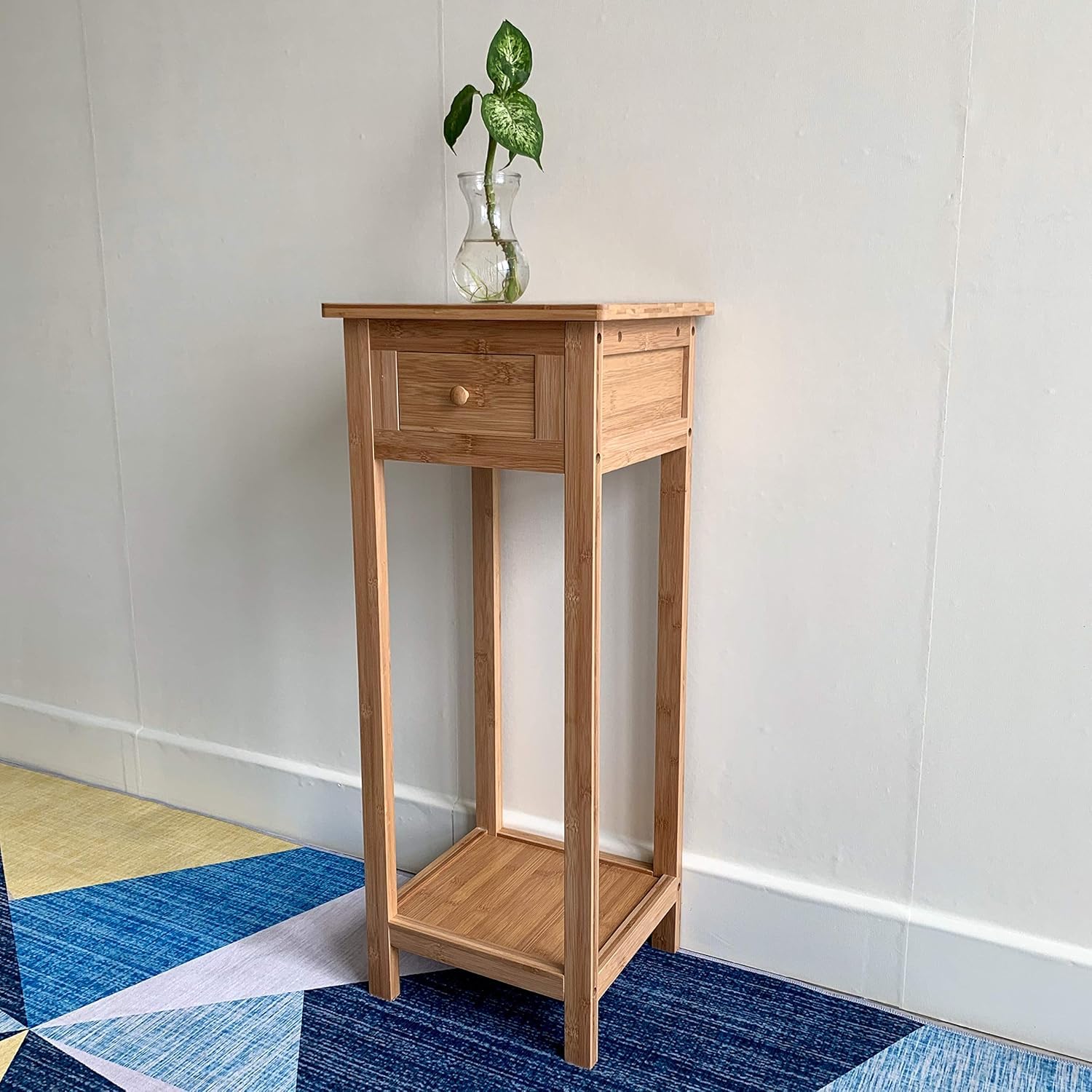 HYGRAD BUILT TO SURVIVE Bamboo Tall Nightstand Table with Drawer and Lower Shelf – Slim Storage Shelf Bedside Table for Telephone, Hallway, Living Room, Bedroom Or Narrow Spaces