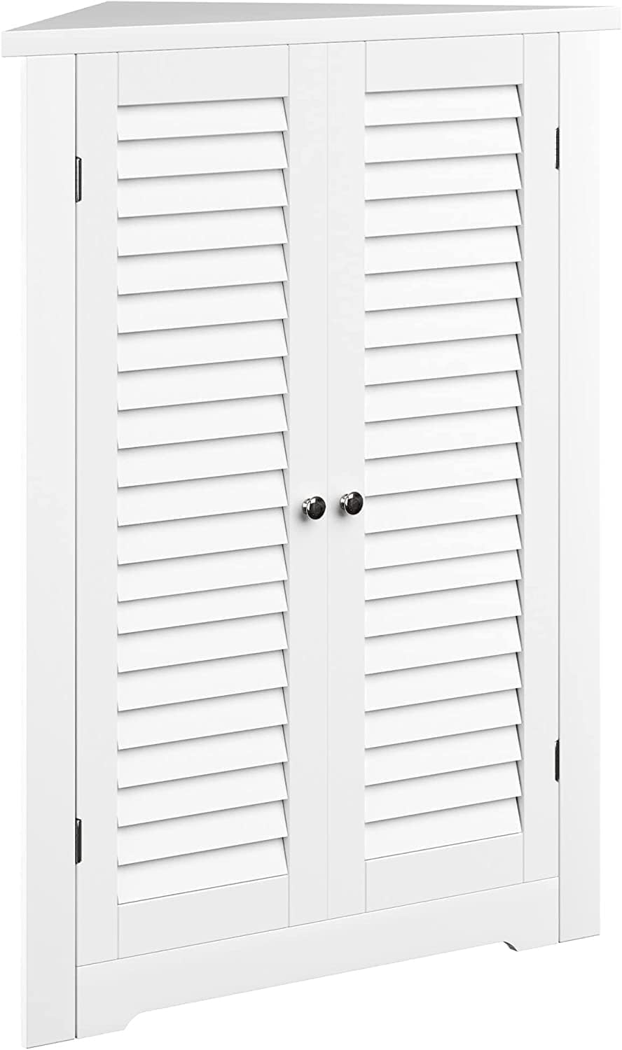 HYGRAD BUILT TO SURVIVE Wooden Triangle Free Floor Standing Bathroom Corner Shelves Cabinet with Shutter Single Door, Adjustable Shelf Organizer Unit, for Living Room, Kitchen, Entryway, White