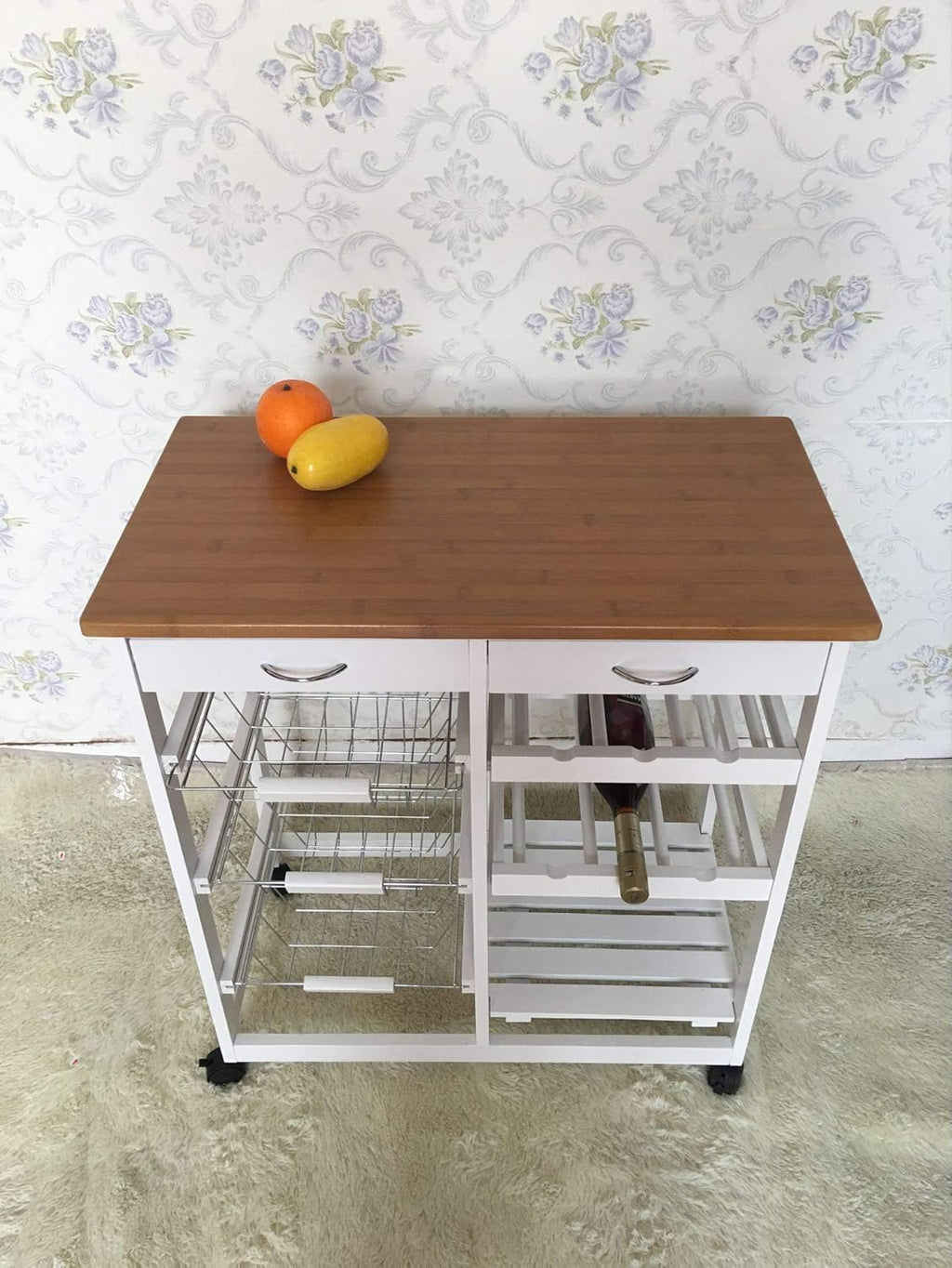 HYGRAD BUILT TO SURVIVE Kitchen Island Dining Cart with Lockable Wheels and Drawers, Mobile Storage Basket Open Shelf Countertop, Serving Utility Trolley for Dining Room, Coffee Bar