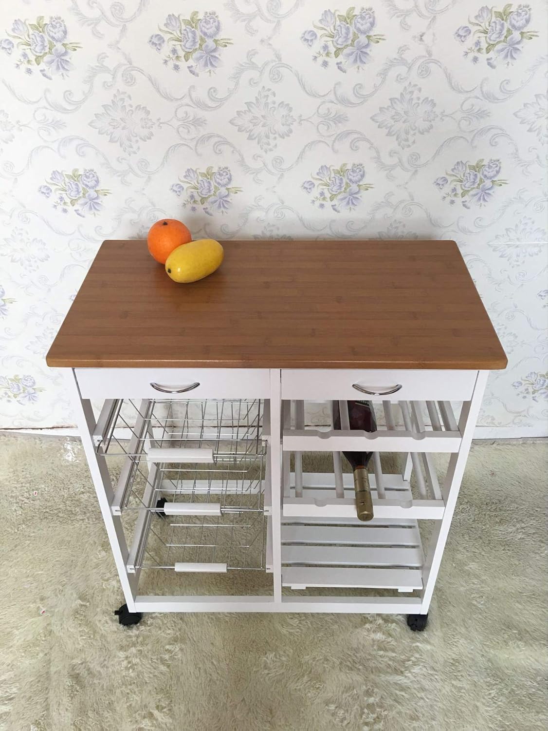 HYGRAD BUILT TO SURVIVE Kitchen Island Dining Cart with Lockable Wheels and Drawers, Mobile Storage Basket Open Shelf Countertop, Serving Utility Trolley for Dining Room, Coffee Bar