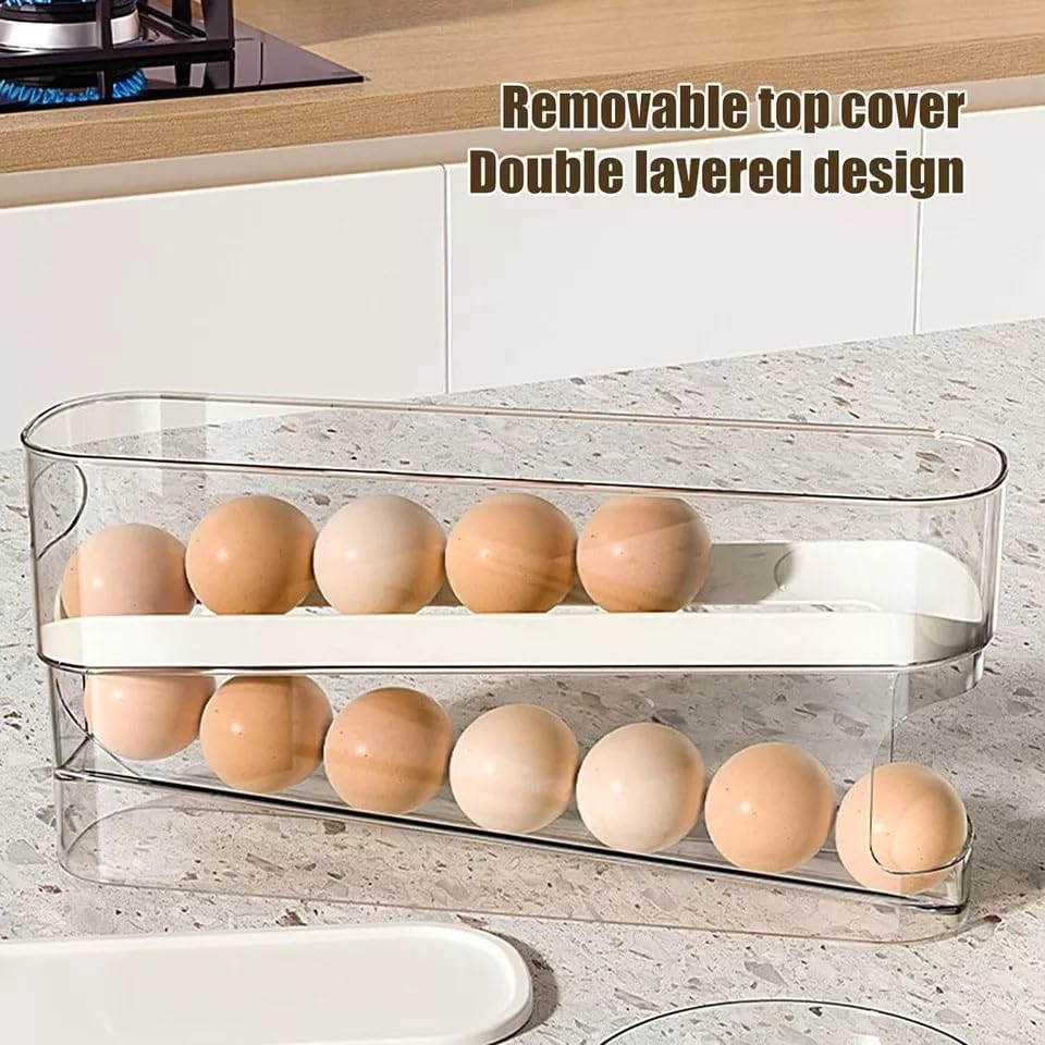 Automatic Rolling 2 Tier Eggs Holder 11.92”D X 3.34” W X 5.59” H Stackable Fridge Organisers, Clear Plastic Egg Dispenser With Lid Egg Storage For Refrigerator, & Kitchen Countertop