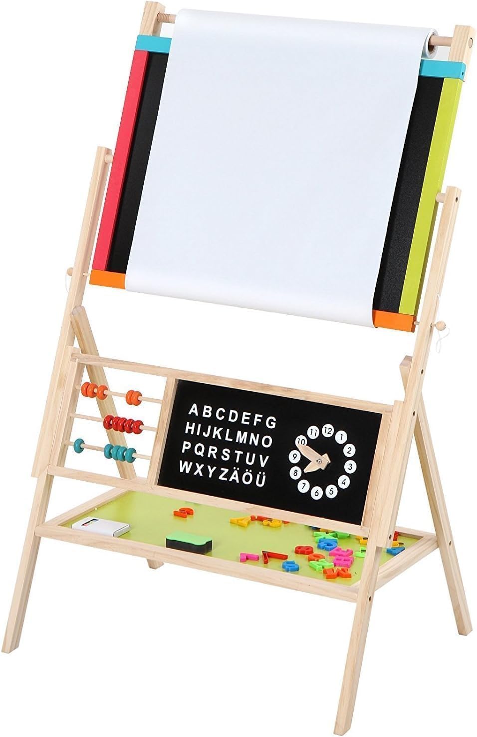 Kids Art Easel with Paper Roll, Magnetic Wooden Board Easel for Toddlers, Foldable Clock, Alphabet Painting Easel for 2-12 Years Children, 2 in 1 Double Side Drawing Outdoor Easel