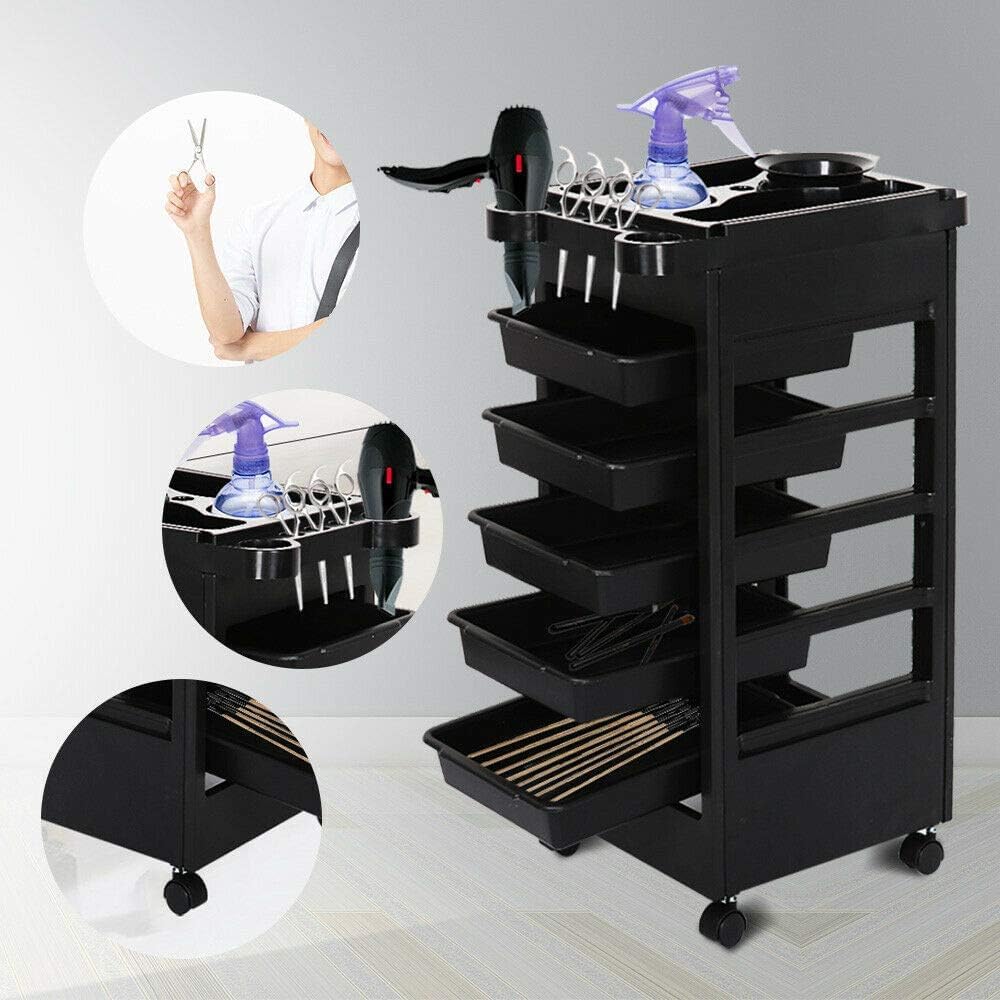 6 Tier Professional Salon Trolley Cart with Wheels & Drawers - Hair Dryer Holder Stylish Salon Station for Multipurpose Hair Tool Organizer