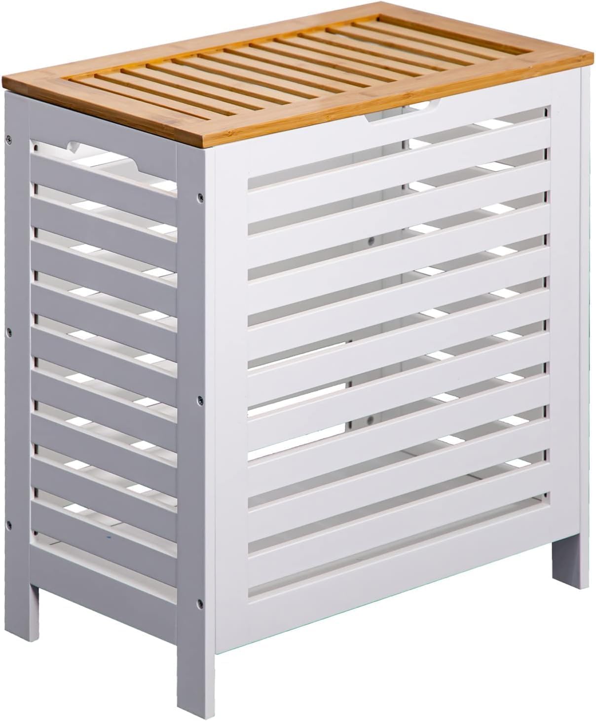 Large Wooden Laundry Clothes Storage Bins, Bamboo Hamper Laundry Sorter Basket Home Organizer With Lid For Bathroom, Bedroom - White