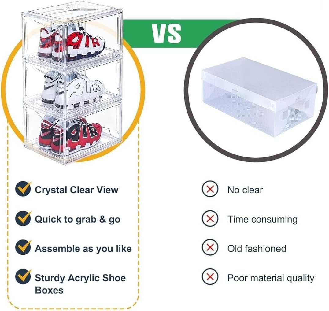 Acrylic Shoe Storage Boxes – Clear Plastic Stackable Shoe Organizer For Closet, Space Saving Shoe bins With Magnetic Doors 2 Lids Open For Sneakers, Trainers, Pumps, Heels, Flats