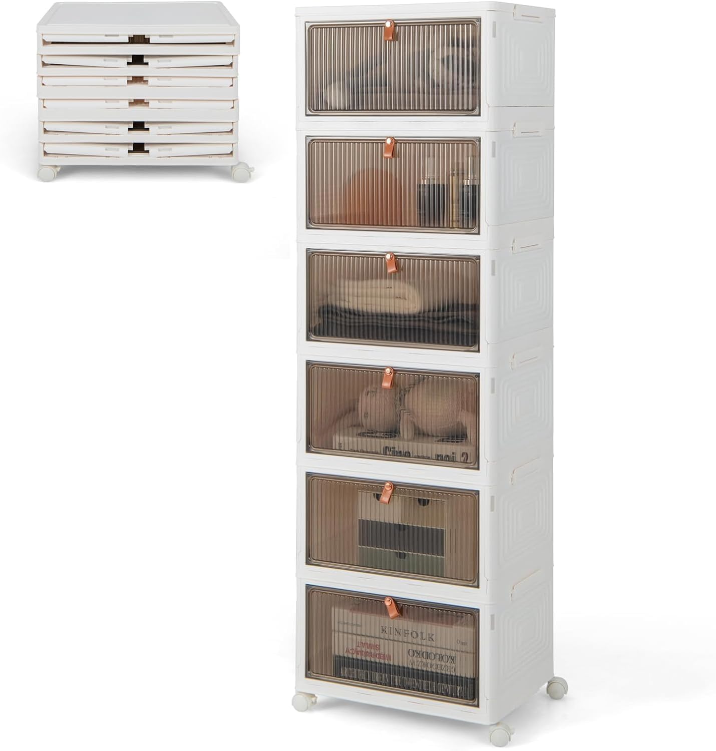 HYGRAD BUILT TO SURVIVE Foldable White Plastic Shoe Rack 2/3/4/5/6 Tier Stackable Storage Cabinet Box - Rolling Closet Storage Organizer Containers With Lids & Lockable Wheels For Home