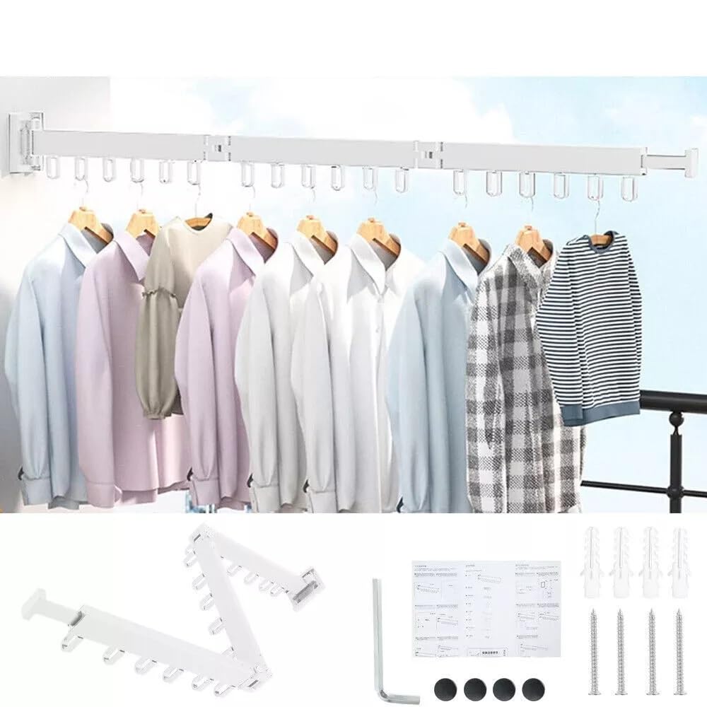 HYGRAD BUILT TO SURVIVE Space Saving Wall Mounted Clothes Drying Rack, Foldable Laundry Drying Organizer Rack Collapsible, Retractable Outdoor Indoor Hanging Clothes with 18 Hooks - Metal