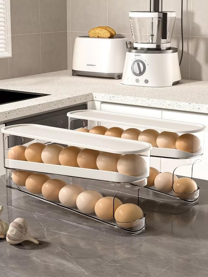 Automatic Rolling 2 Tier Eggs Holder 11.92”D X 3.34” W X 5.59” H Stackable Fridge Organisers, Clear Plastic Egg Dispenser With Lid Egg Storage For Refrigerator, & Kitchen Countertop
