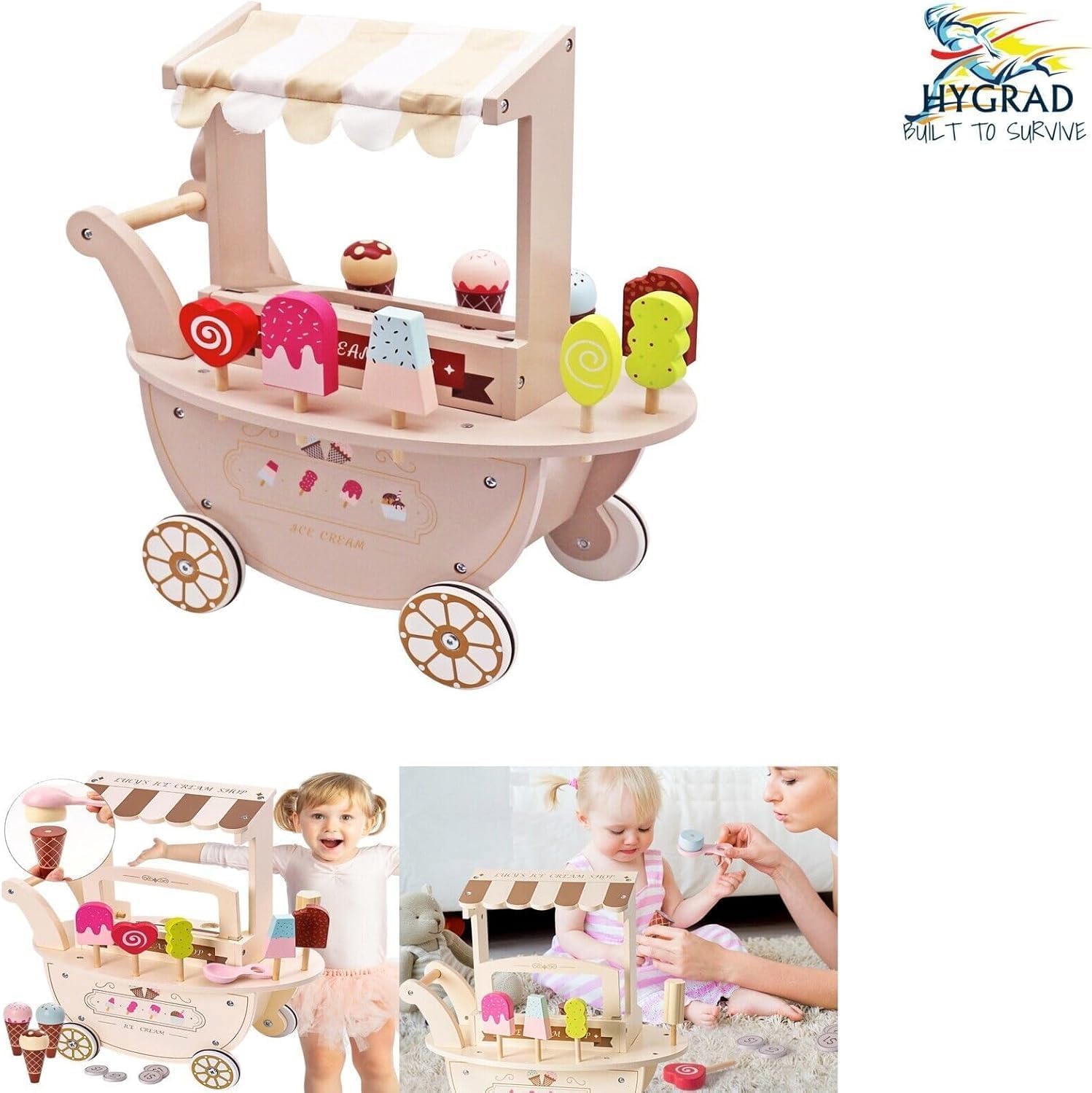 Wooden Ice Cream Cart Toys for Kids, Toddlers Pretend Play Food Truck, Gift for Girls and Boys 3 Years & Up