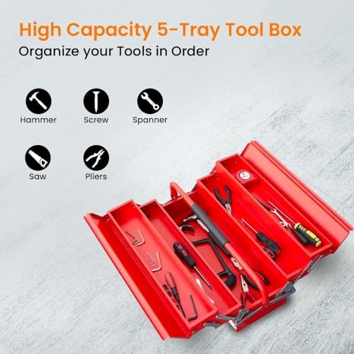 3 Tier Large Metal Tool Box Heavy Duty Cantilever Portable Box 20.86”L x 7.87”W x 7.87”H Multi-Function Tool Box For Garage Storage, Home, Workbench Tool Organizer, Red