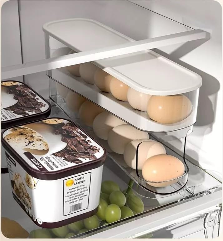 Automatic Rolling 2 Tier Eggs Holder 11.92”D X 3.34” W X 5.59” H Stackable Fridge Organisers, Clear Plastic Egg Dispenser With Lid Egg Storage For Refrigerator, & Kitchen Countertop