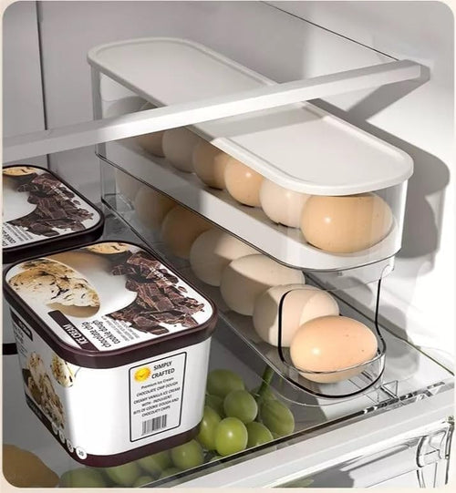 Automatic Rolling 2 Tier Eggs Holder 11.92”D X 3.34” W X 5.59” H Stackable Fridge Organisers, Clear Plastic Egg Dispenser With Lid Egg Storage For Refrigerator, & Kitchen Countertop