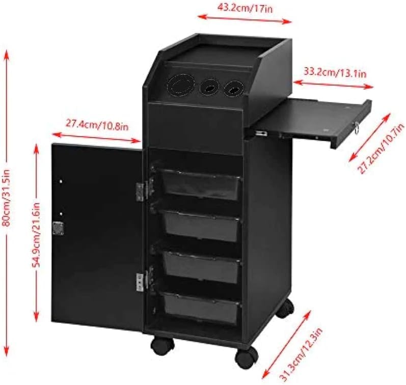 Wooden Salon Trolley Cart 4 Drawer with Lockable Wheels 17”L X 12.3”W X 31.5” H Space Saving Rolling Storage for Hair Dryer Holder, Barber Accessories - Black