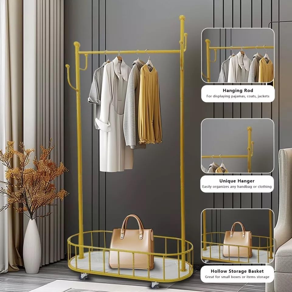 HYGRAD BUILT TO SURVIVE Space Saving Gold Metal Closet Organizer Shelves With Wheels - 67.32”H X 12.80”D X 31.50”W Clothing Rack For Coat, Clothes Hangers With Storage Shelf