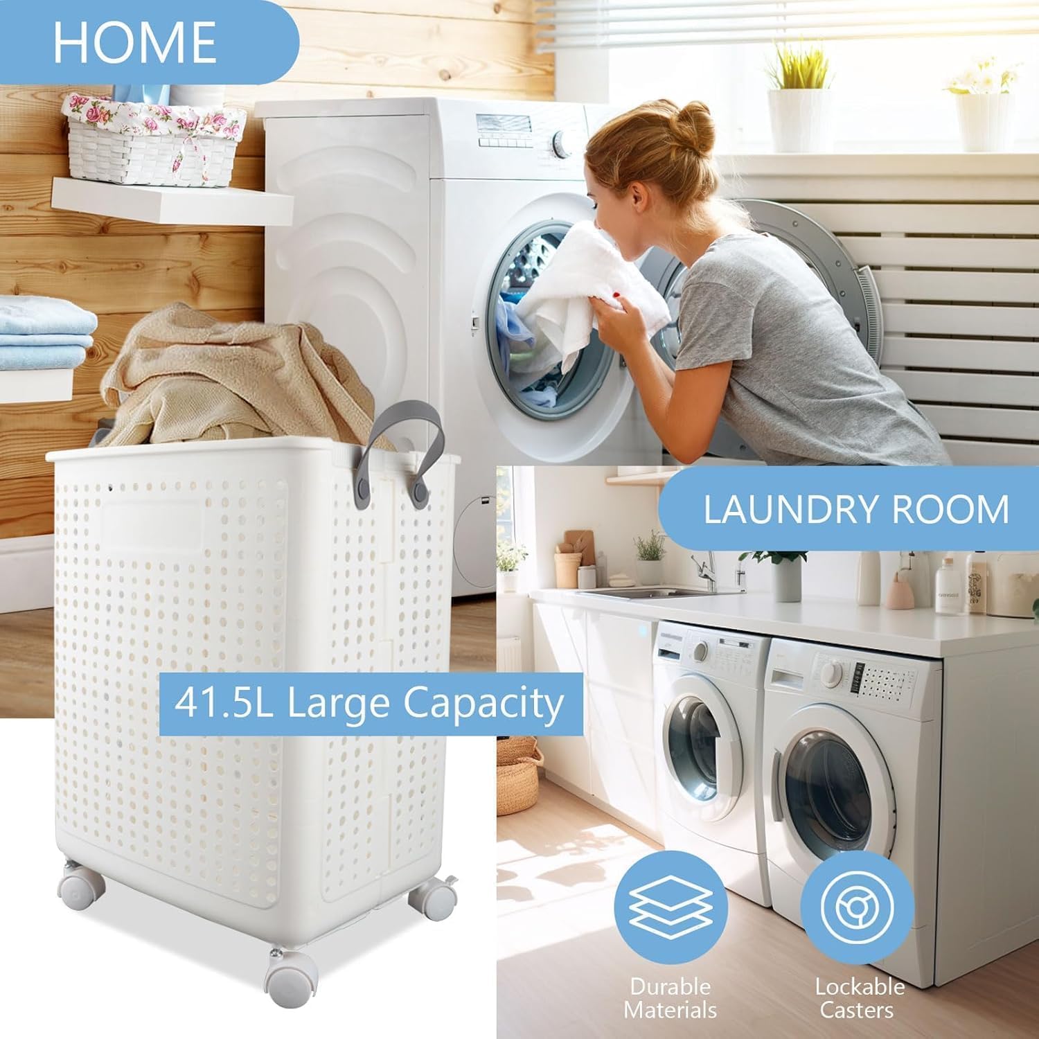 42L Large Heavy Duty Laundry Hamper On Wheels and Handle, Foldable Collapsible Laundry Basket, Space Saving Laundry Room Organization For Home Storage, Clothes