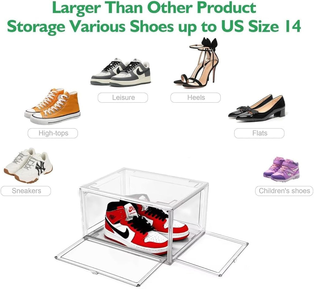 Acrylic Shoe Storage Boxes – Clear Plastic Stackable Shoe Organizer For Closet, Space Saving Shoe bins With Magnetic Doors 2 Lids Open For Sneakers, Trainers, Pumps, Heels, Flats