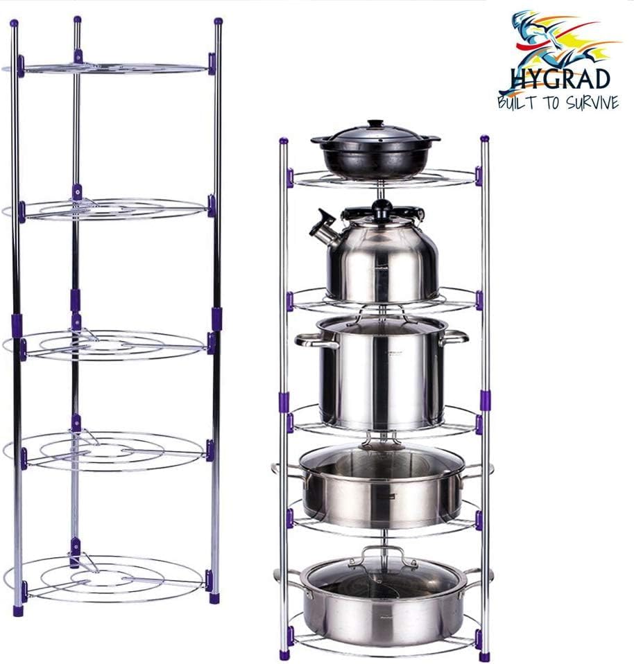 HYGRAD BUILT TO SURVIVE 5 Tier Round Pan Pot Kitchen Rack - Carbon Steel Cookware Stand Organizer Shelving Unit Free Standing Storage For Pans Lids