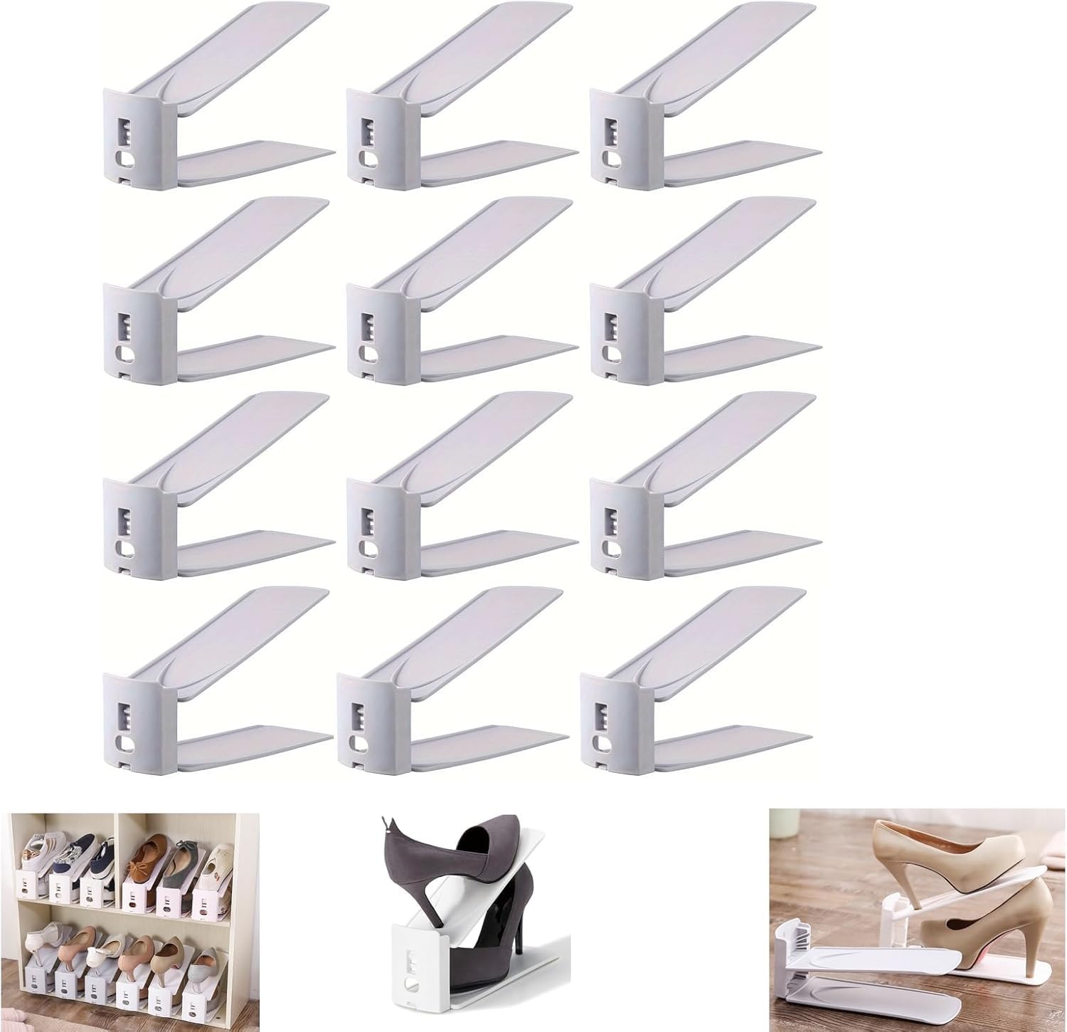 HYGRAD BUILT TO SURVIVE Pack Of 12 Pcs Shoe Slots Organiser Storage, Double Layer Adjustable 3-Level Height - Non-Slip Shoe Holder- Space Saver For Shoe Stacker Closet Rack For Women And Men
