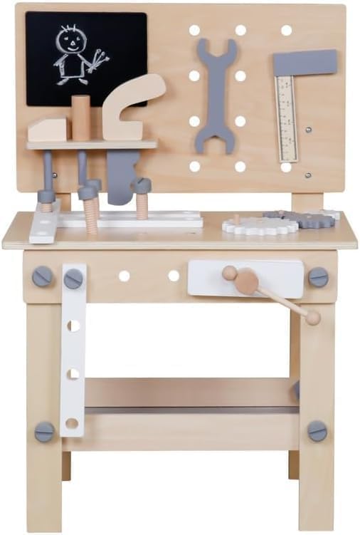 Wooden Toy Workbench, Large Kid's Wooden Play Tool, Pretend Play Creative Building Set, Construction Workshop Tool Bench Toys, Gift for Girls & Boys, 3+