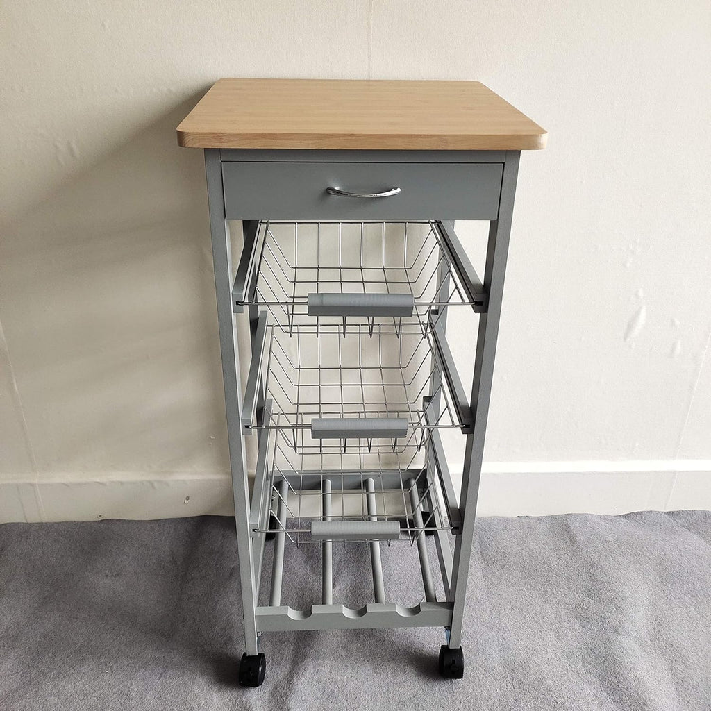HYGRAD BUILT TO SURVIVE 3 Tier Wooden Rolling Kitchen Island Trolley, Utility Storage Cart with 3 Basket, Drawers - 1 Wine Rack with Wheels Cabinet for Home, Dining Room, Bar