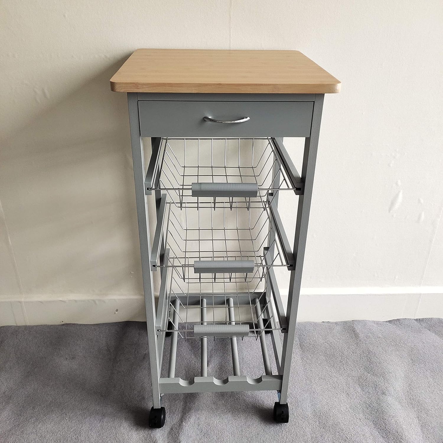 HYGRAD BUILT TO SURVIVE 3 Tier Wooden Rolling Kitchen Island Trolley, Utility Storage Cart with 3 Basket, Drawers - 1 Wine Rack with Wheels Cabinet for Home, Dining Room, Bar