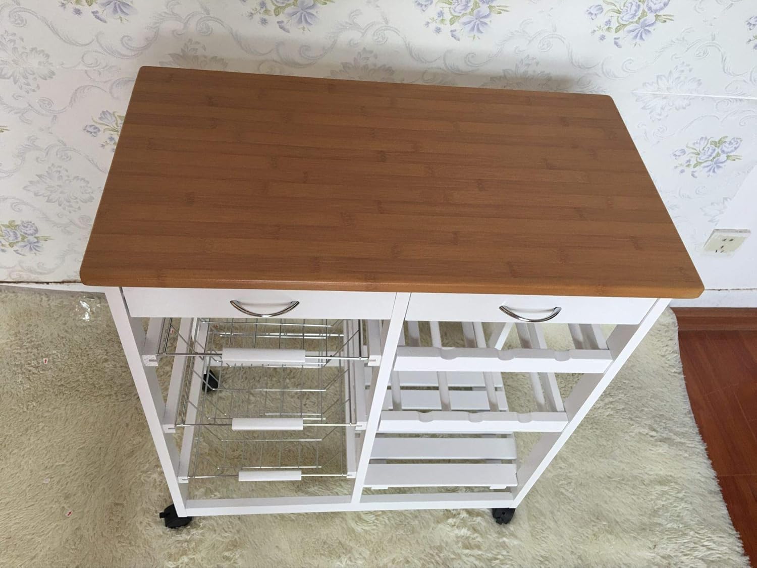 HYGRAD BUILT TO SURVIVE Kitchen Island Dining Cart with Lockable Wheels and Drawers, Mobile Storage Basket Open Shelf Countertop, Serving Utility Trolley for Dining Room, Coffee Bar