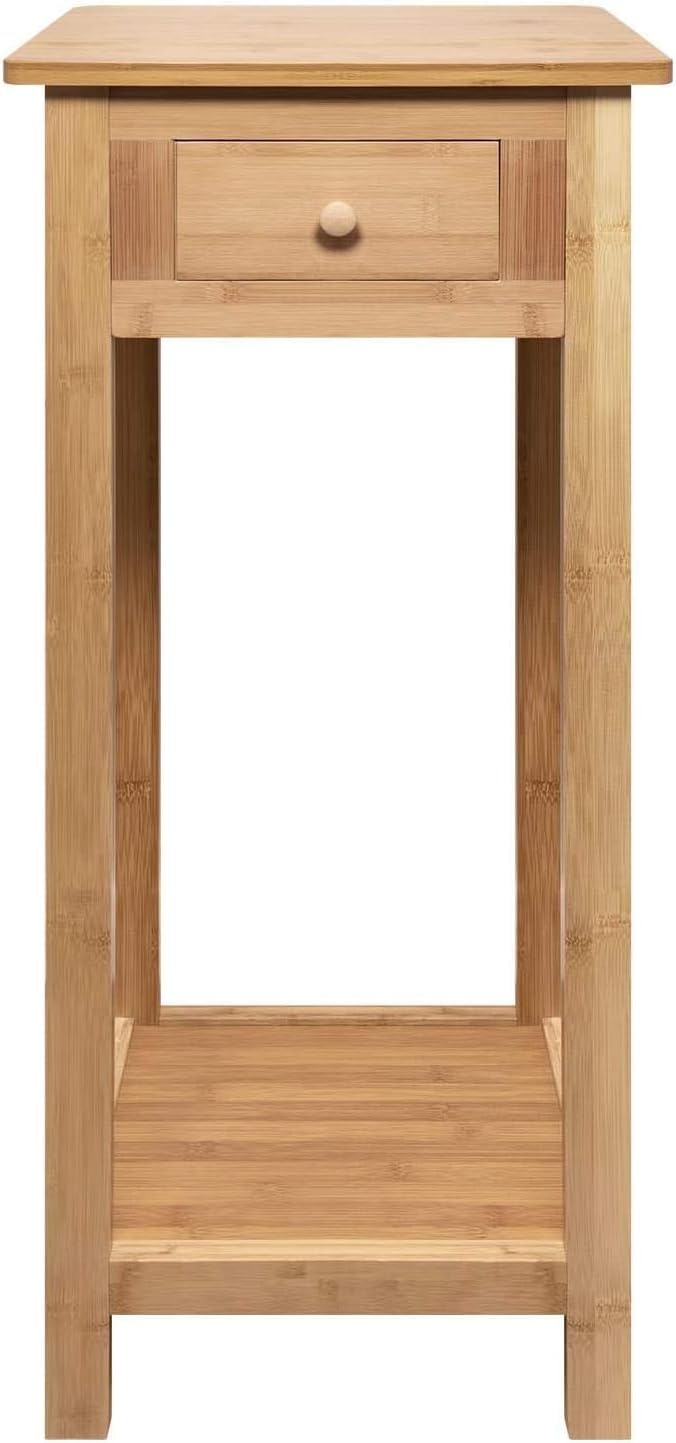 HYGRAD BUILT TO SURVIVE Bamboo Tall Nightstand Table with Drawer and Lower Shelf – Slim Storage Shelf Bedside Table for Telephone, Hallway, Living Room, Bedroom Or Narrow Spaces