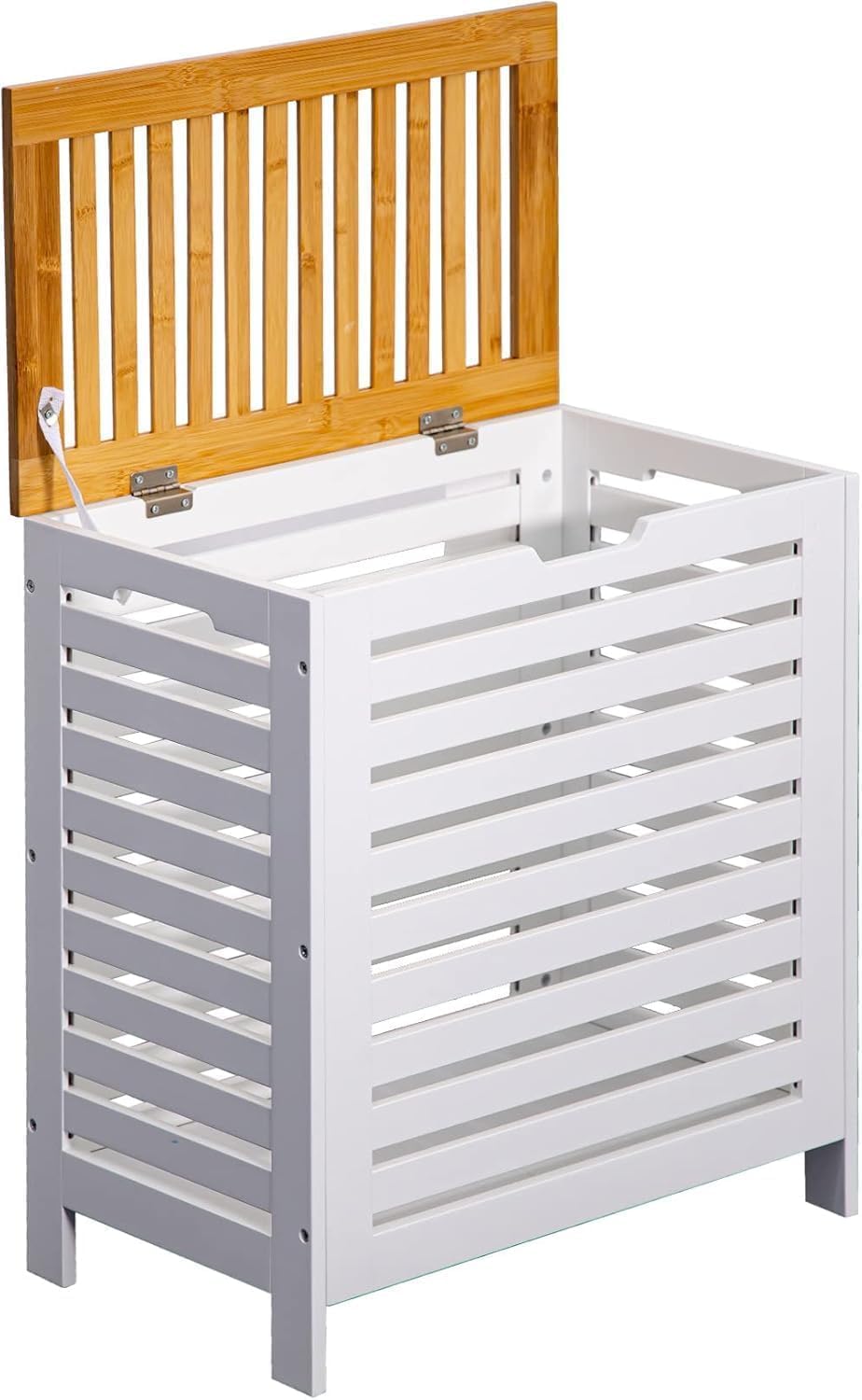 Large Wooden Laundry Clothes Storage Bins, Bamboo Hamper Laundry Sorter Basket Home Organizer With Lid For Bathroom, Bedroom - White