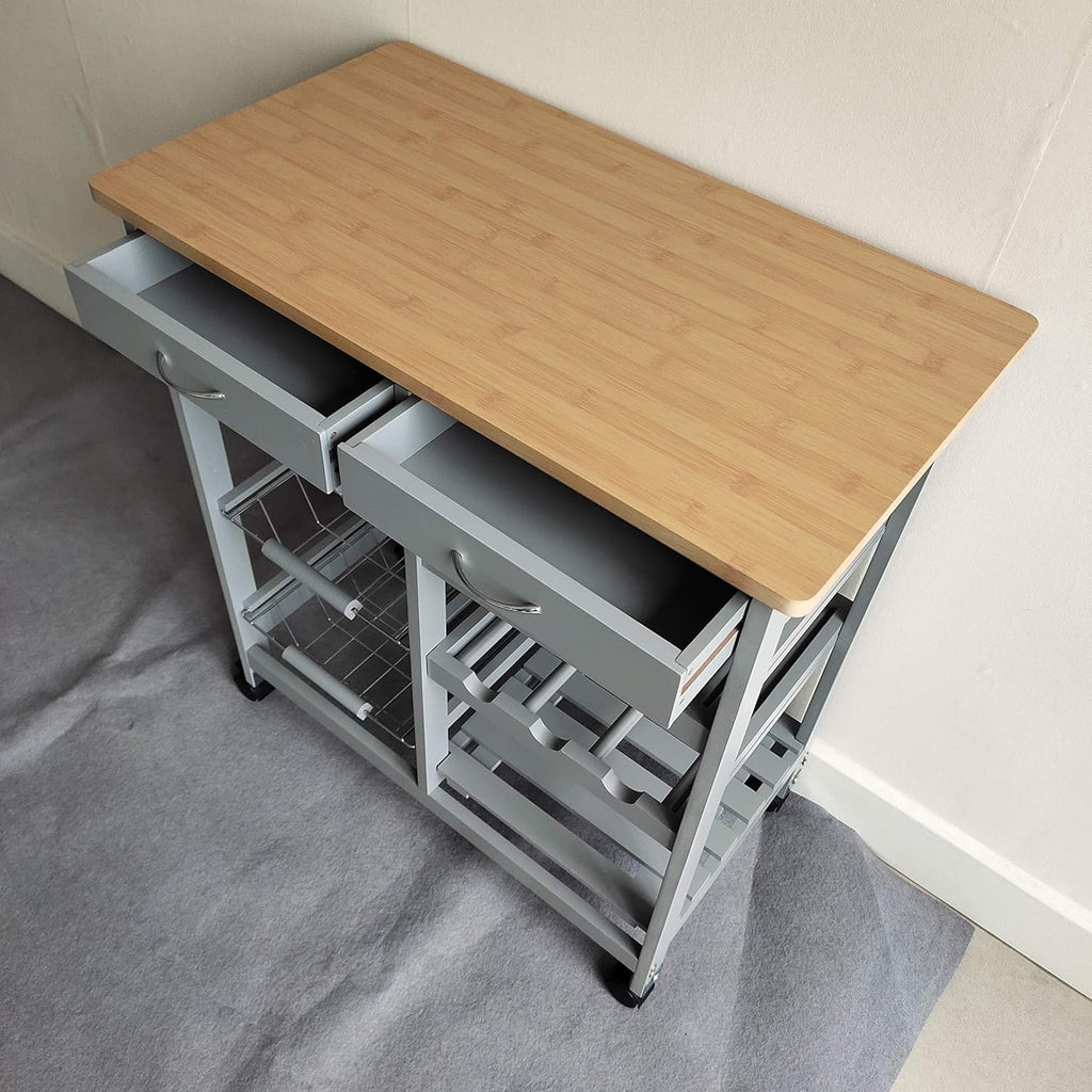 HYGRAD BUILT TO SURVIVE Kitchen Island Dining Cart with Lockable Wheels and Drawers, Mobile Storage Basket Open Shelf Countertop, Serving Utility Trolley for Dining Room, Coffee Bar
